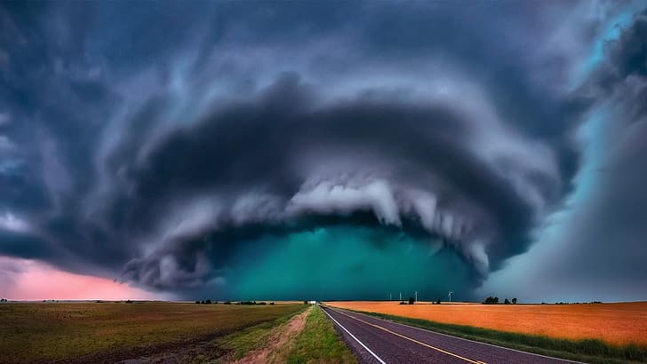road, the sky, clouds, storm, field, cyclone, HD wallpaper