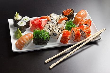 ястие за суши, рула, суши, морски дарове, вкусна японска кухня, HD тапет HD wallpaper