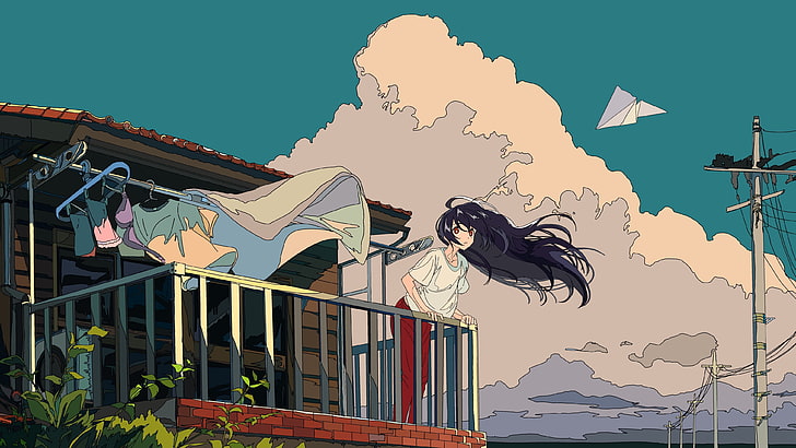 black haired girl anime character illustration, clouds, sky, cloth, building, HD wallpaper