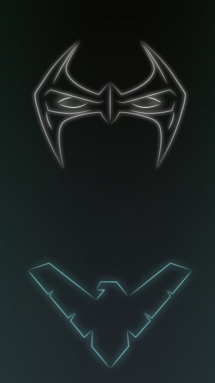 Zwei Batman-Logos, Superheld, Neon, Neonlichter, HD-Hintergrundbild, Handy-Hintergrundbild