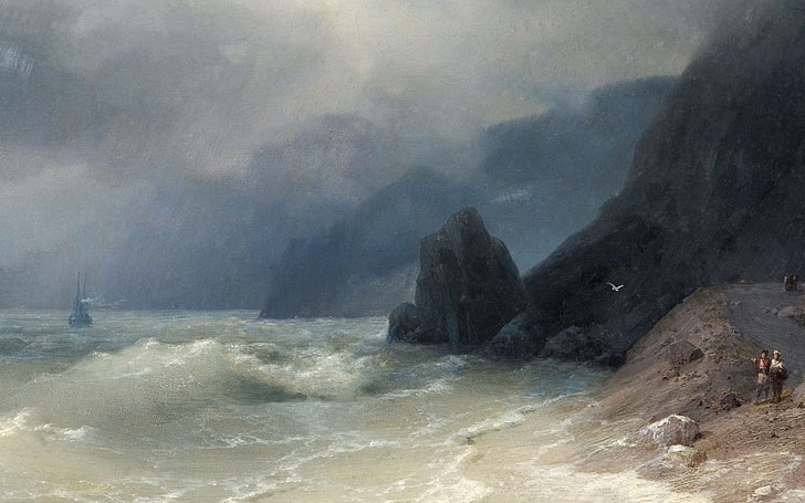 aivazovsky, 예술, 작품, 해변, 클래식, 이반, 그림, 바위, 바다, HD 배경 화면