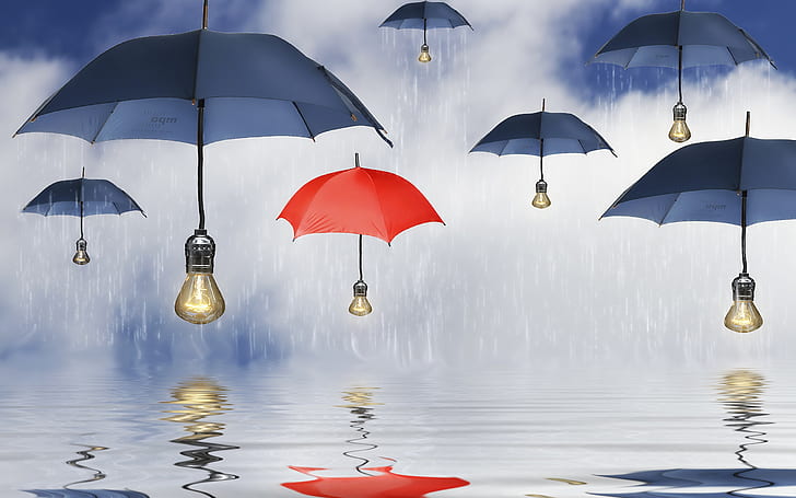 Niebieskie parasole, parasole, lampy, deszcz, woda, odbicie, niebieski, parasole, parasole, lampy, deszcz, woda, odbicie, Tapety HD