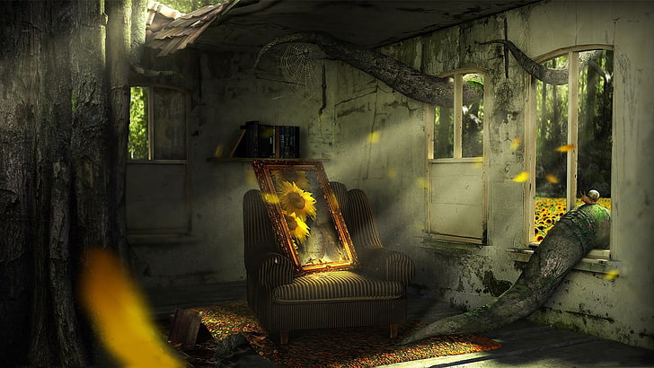 sunflower painting on chair, digital art, painting, nature, spiderwebs, ruin, HD wallpaper