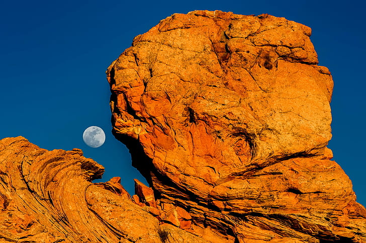 brown stone formation with moon in the background, Monster, Coyote Buttes, brown stone, background, moon  rock, rock formation, south, utah, nature, rock - Object, sky, mountain, landscape, HD wallpaper