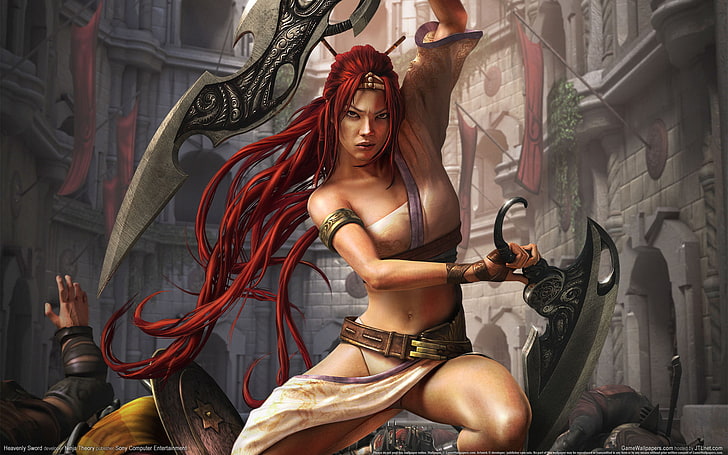 Frau mit der Illustration mit zwei Schwertern, Mädchen, die Stadt, Krieger, himmlisches Schwert, HD-Hintergrundbild