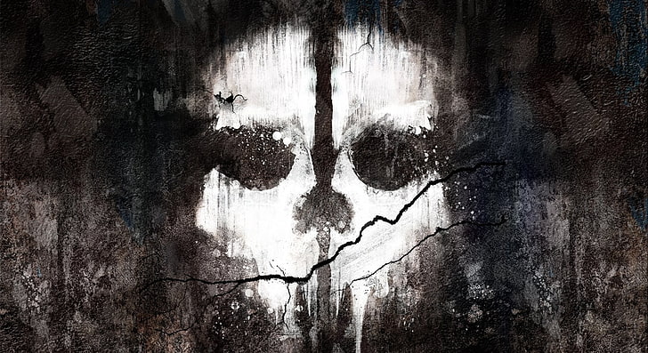 картина с белым черепом, стена, краска, череп, трещина, Activision, Infinity Ward, Call of Duty: Ghosts, HD обои