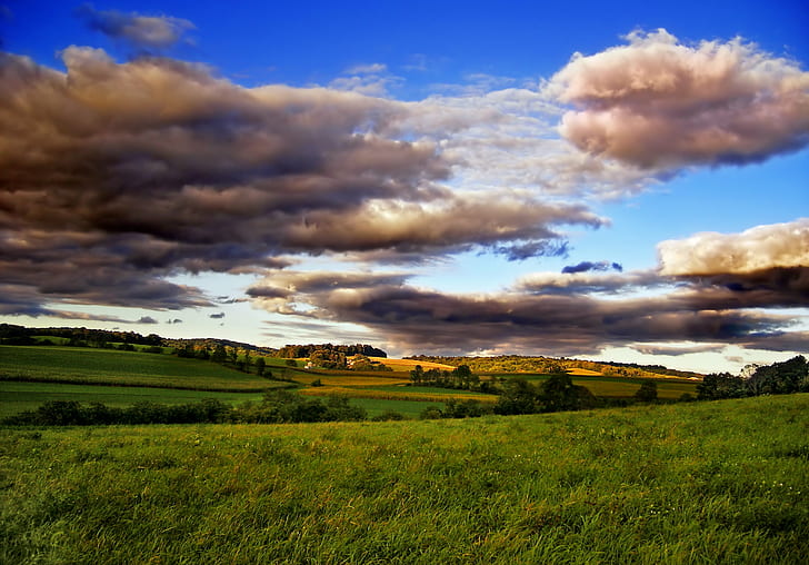 green gass under blue sky during day time, blue sky, day, time, Pennsylvania, Berks County, Albany Township, landscape, field, clouds, stratocumulus, rural, summer, low light, creative commons, nature, rural Scene, cloud - Sky, sky, outdoors, scenics, meadow, hill, grass, cloudscape, sunset, agriculture, farm, beauty In Nature, sunlight, non-Urban Scene, blue, land, green Color, HD wallpaper