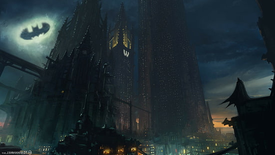แบทแมนอาร์ตเวิร์คแนวคิดศิลปะ Gotham City การ์ตูนดีซีซูเปอร์ฮีโร่ตึกระฟ้า, วอลล์เปเปอร์ HD HD wallpaper