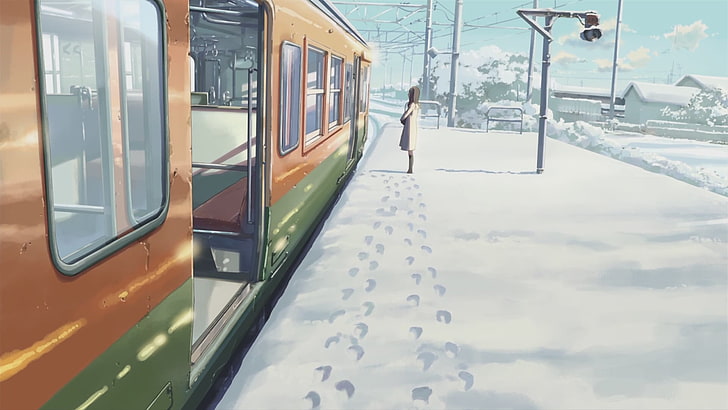 anime wallpaper, winter, women, train, train station, anime, 5 Centimeters Per Second, snow, Makoto Shinkai, footprints, power lines, anime girls, HD wallpaper