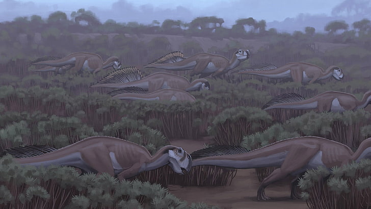 коричневая картина динозавров, динозавры, Саймон Сталенхаг, HD обои