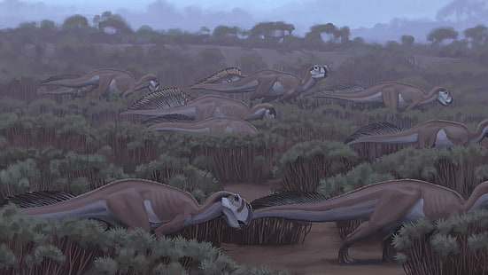 pintura de dinosaurios marrones, dinosaurios, Simon Stålenhag, Fondo de pantalla HD HD wallpaper
