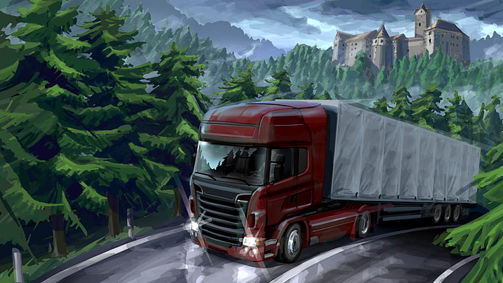 красный грузовой автомобиль, дорога, природа, разметка, арт, фургон, автомобиль, живопись, лес, прицеп, тягач, груз, грузовик, замок., дальнобойщик, евро грузовик, HD обои