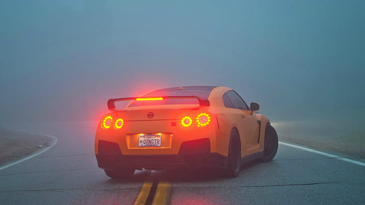 nevoeiro, R35, Nissan GTR, luzes de freio, HD papel de parede