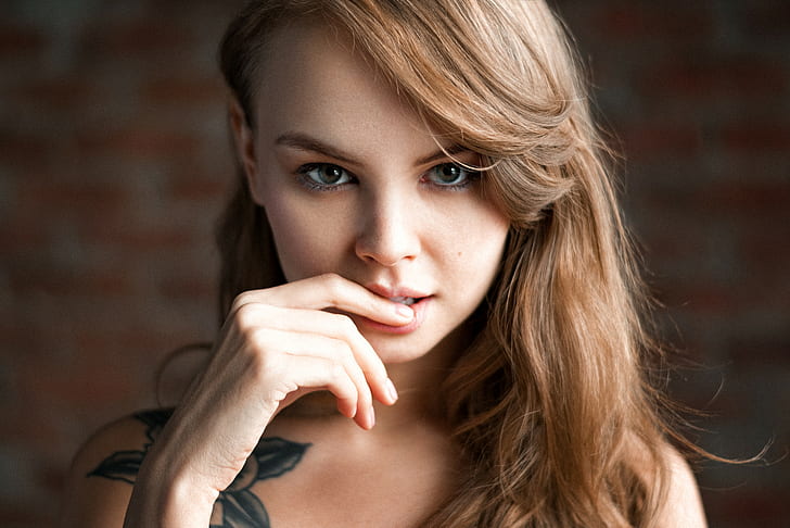 finger on lips, face, portrait, blonde, women, tattoo, Anastasia Scheglova, HD wallpaper