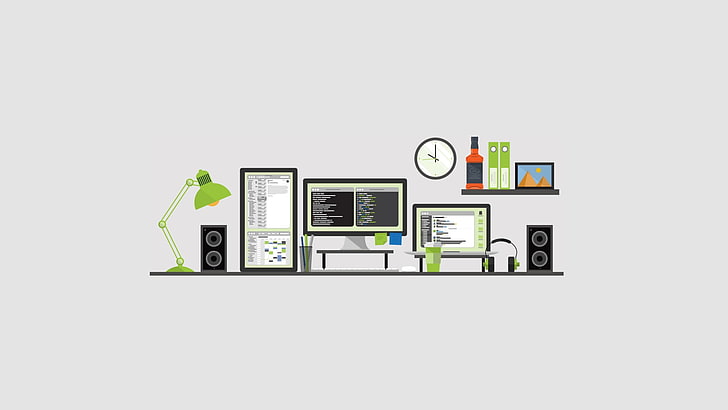 vector de electrodomésticos, minimalismo, computadora, pantalla múltiple, fondo simple, relojes, lámpara de escritorio, programación, Fondo de pantalla HD