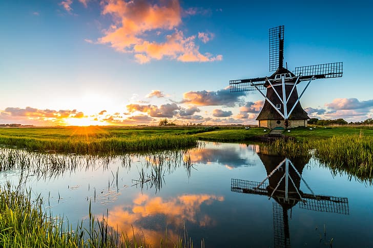 morning, mill, channel, Netherlands, Holland, HD wallpaper