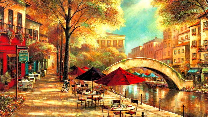 painting, waterway, art, city, modern art, cityscape, evening, paint, tree, artwork, metropolis, canal, riverwalk café, HD wallpaper