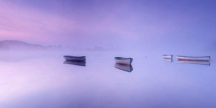barca sul corpo idrico durante il giorno, spazio respiratorio, spo d'acqua, di giorno, Scozia, Trossachs, Loch Rusky, barca a remi, nebbia, mattina, paesaggio, tranquillo, calmo, Sfondo HD