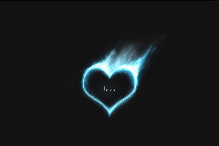 blue heart flame wallpaper, blue, love, dark, minimalism, heart, HD wallpaper