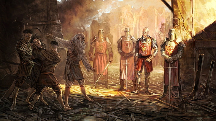 cavalieri in piedi vicino alla pittura dell'edificio, The Witcher, fantasy art, videogiochi, opere d'arte, cavaliere, Sfondo HD