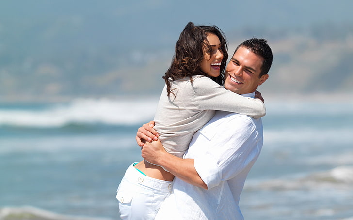 men's white dress shirt, couple, entertainment, happiness, smile, hug, HD wallpaper