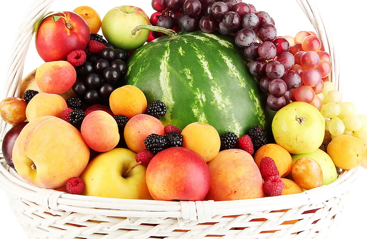 bunch of fruits with brown wicker basket, fruit, basket, many, assorted, HD wallpaper