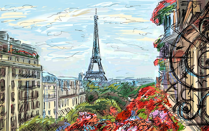 изкуство, произведения на изкуството, облаци, Айфел, Франция, френски, къщи, живопис, Париж, небе, кула, HD тапет