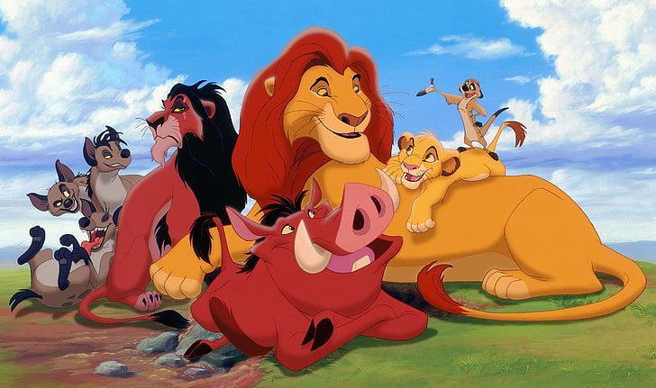 Illustrazione di re leone, Disney, Timon, il re leone, Simba, Pumbaa, cicatrice, Mufasa, Sfondo HD