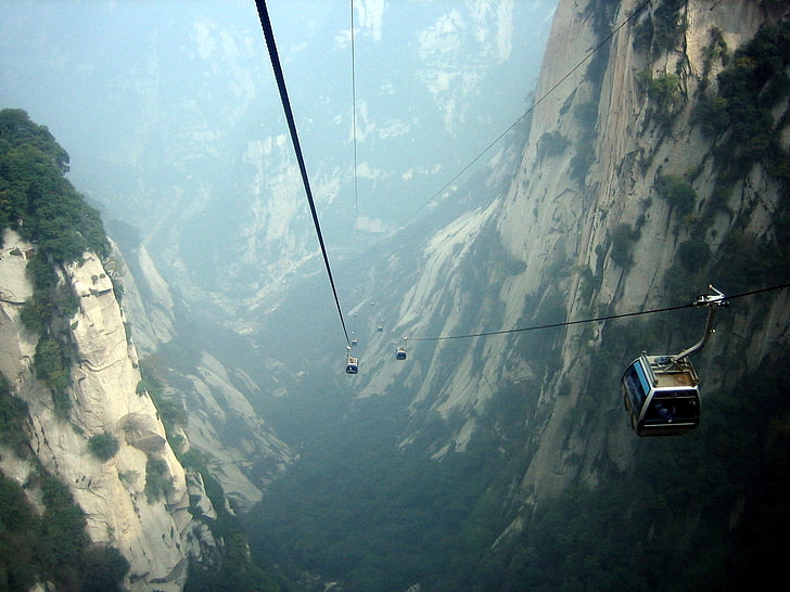 blue and gray cable car, lift, cables, cabins, gorge, height, HD wallpaper