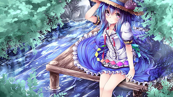 anime, sukienka, fioletowe oczy, woda, słomkowy kapelusz, Touhou, Hinanawi Tenshi, Tapety HD HD wallpaper