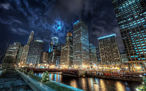 Chicago Skyline at Night 4K Ultra HD TV Wallpaper สำหรับแท็บเล็ตแล็ปท็อปเดสก์ท็อปและโทรศัพท์มือถือ 3840 × 2400, วอลล์เปเปอร์ HD HD wallpaper