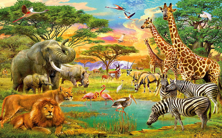 Африканские животные джунгли лев зебра жирафы слоны фламинго арт обои hd 1920 × 1200, HD обои