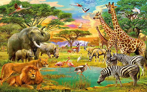 Африканские животные джунгли лев зебра жирафы слоны фламинго арт обои hd 1920 × 1200, HD обои HD wallpaper