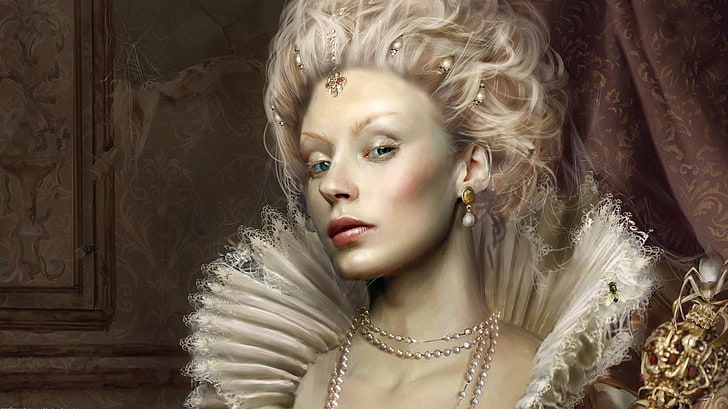 Fantasy, Women, Medieval, Necklace, Pearl, Queen, White Hair, HD wallpaper