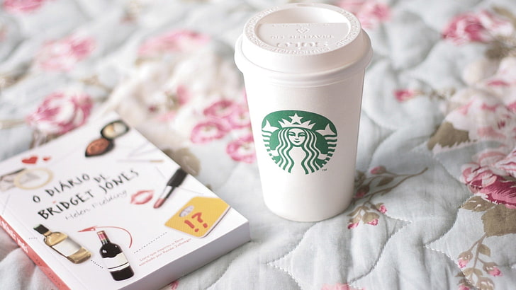 Starbucks disposable cup, coffee, starbucks, book, bed linen, mood, HD wallpaper
