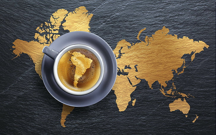 café, taza, tierra, espresso, mapa, mundo, Fondo de pantalla HD