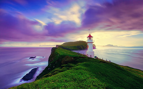 Islandia, Islas Feroe, faro, verano, cielo púrpura, costa, Islandia, Islas Feroe, faro, verano, púrpura, cielo, costa, Fondo de pantalla HD HD wallpaper