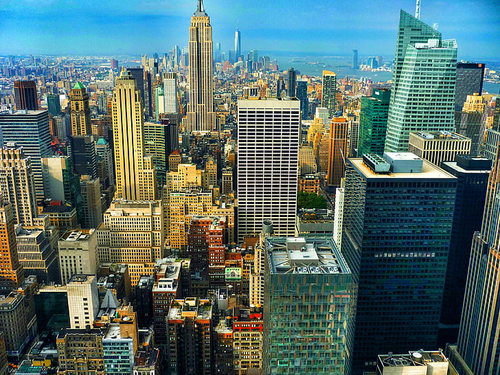 มุมมองทางอากาศของอาคารสูง, นิวยอร์กซิตี้, ตึกเอ็มไพร์สเตท, ภาพพาโนรามา, แมนฮัตตัน, ทิวทัศน์ของเมือง, วอลล์เปเปอร์ HD