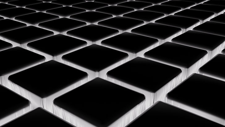 abstract, grid, 3D Blocks, cube, tiles, glowing, black, white, HD wallpaper