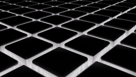 abstract, grid, 3D Blocks, cube, tiles, glowing, black, white, HD wallpaper HD wallpaper
