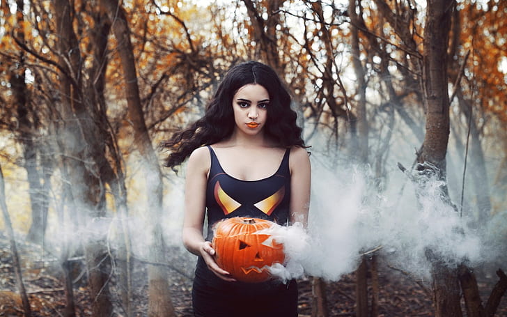 Girl, pumpkin, smoke, Halloween, Girl, Pumpkin, Smoke, Halloween, HD wallpaper