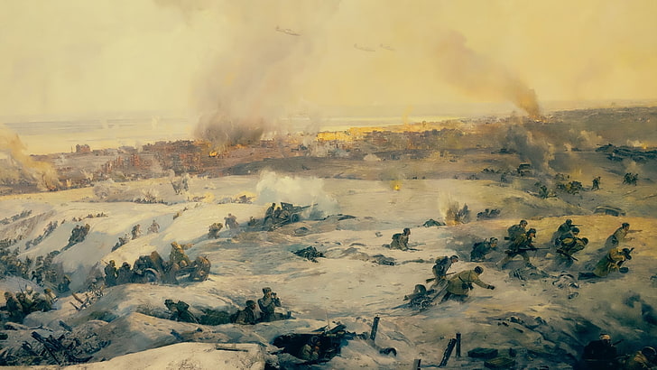 กลุ่มคนในระหว่างการวาดภาพสงครามสงครามสงครามโลกครั้งที่สองงานศิลปะทหารทหารการรบสตาลินกราด, วอลล์เปเปอร์ HD