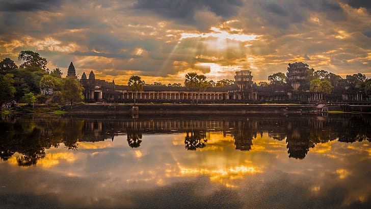 fajar, candi, Kamboja, kompleks candi, Angkor Wat, Wallpaper HD