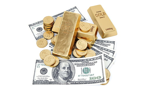 Money and gold, gold and dollar bill collection, photography, 2560x1600, money, gold, HD wallpaper HD wallpaper