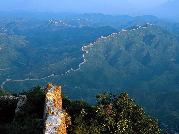 стена от Китай, гора, дървета, забележителност, Китай, HD тапет