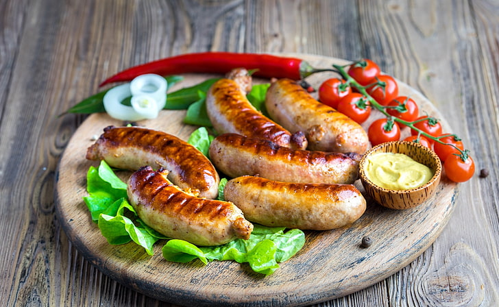 sausage, food, tomatoes, vegetables, HD wallpaper