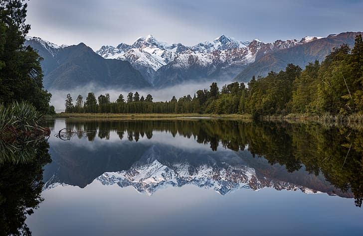 forest, mountains, lake, reflection, New Zealand, Lake Matheson, Southern Alps, HD wallpaper