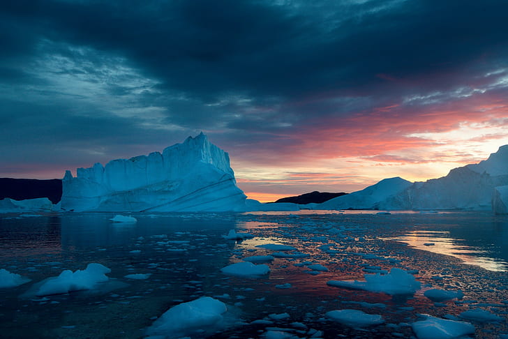 Kry lodowe Grenlandii, Grenlandia, śnieg, kry lodowe, Zachód słońca, Tapety HD