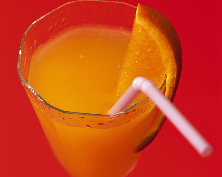 clear drinking glass, glass, orange juice, straw, close-up, red background, HD wallpaper