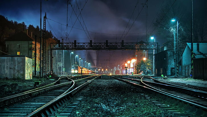 tren, demiryolu yarda, gece, şehir, geçiş yapma, tren istasyonu, Slovakya, HD masaüstü duvar kağıdı